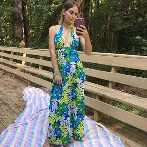 Vintage 1960s Flower Power Halter Dress